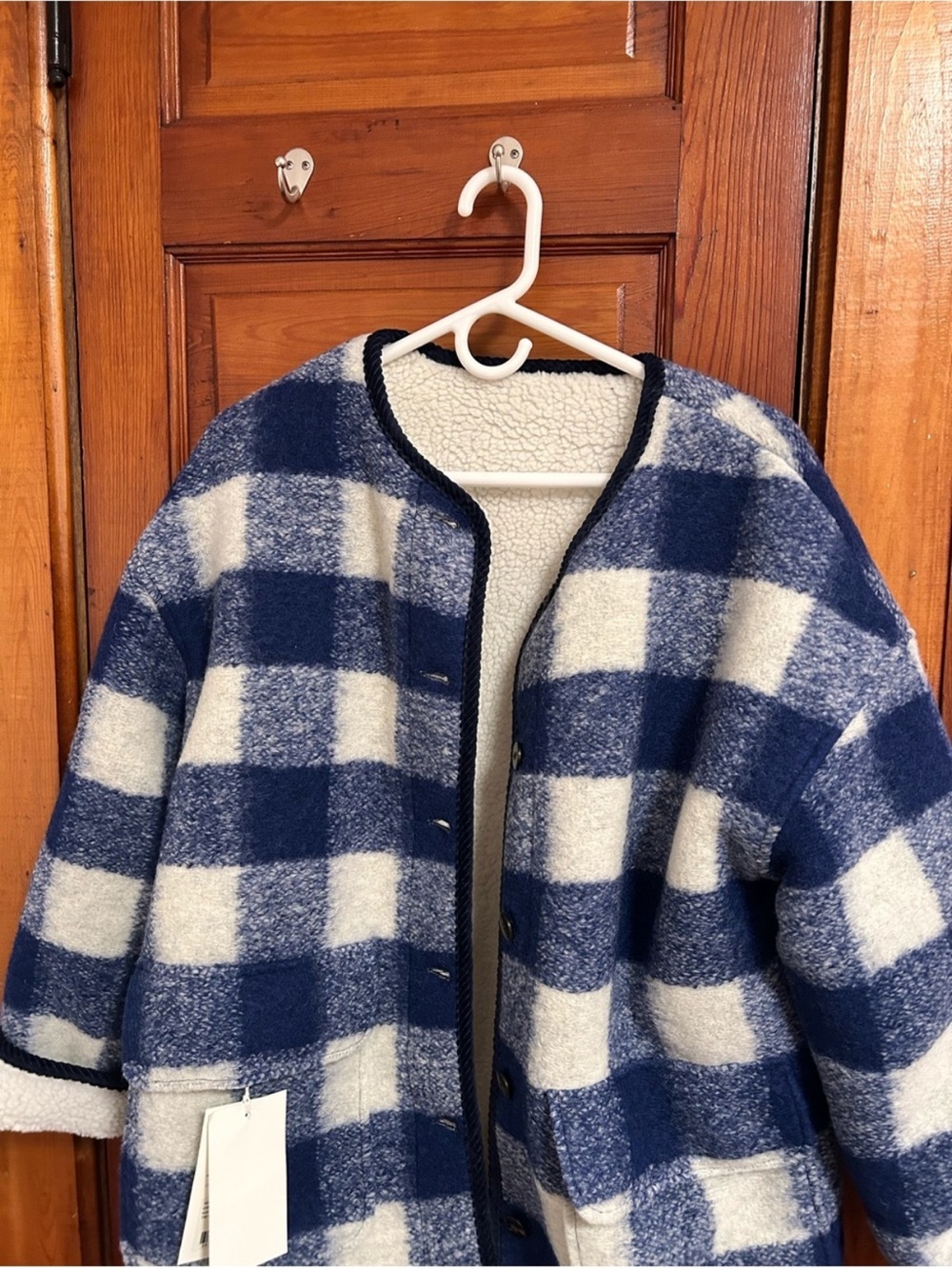 Sezane Blue and White Checked Wool-Blend Shacket - Picture 4 of 4